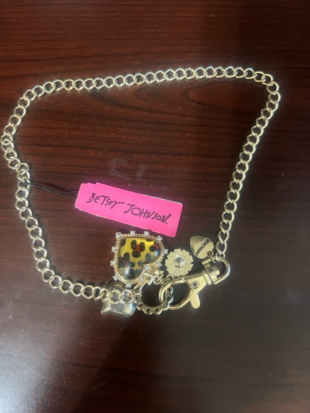 Betsey Johnson Gold-Tone Chain Necklace with Leopard-Print Heart Charm